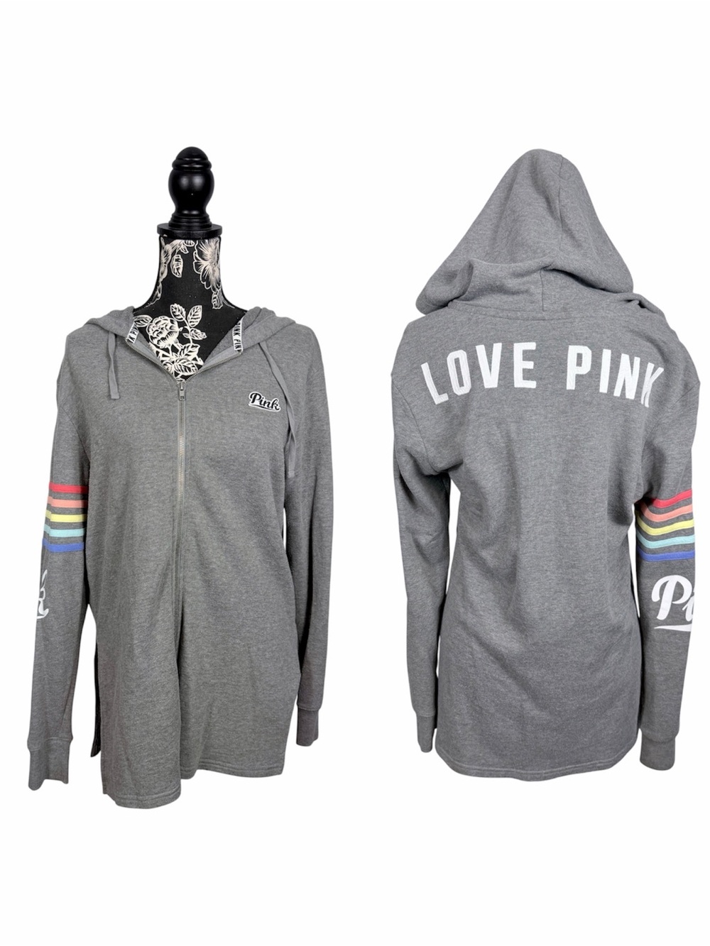 VS Pink oversize full zip grey/ rainbow hood jacket size XS